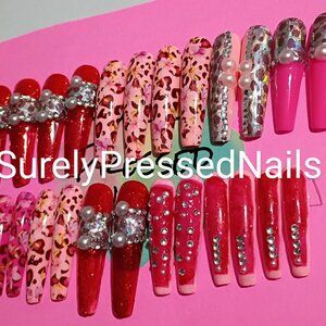 Handmade 2XL Ballerina Press-On Nails, Red & Pink Shimmer with Floral Animal
